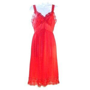 Vintage 60s Rogers Slip Dress Satin Glo Red Lace Nylon Size 34 Babydoll Full She